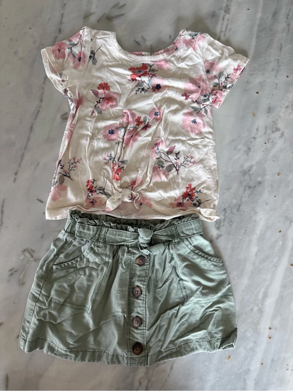 OshKosh B'gosh Pink Floral Tee & Sage Green Skirt Set